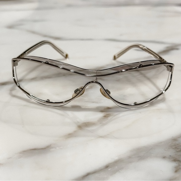 Vintage Chanel Wrap-around Silver Sunglasses Smoke Cracked Lens Y2K - Picture 2 of 9